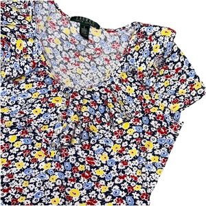 Lauren Ralph Lauren Floral Ruffle Button V-Neck Cap Sleeve Cotton Shirt Womens S